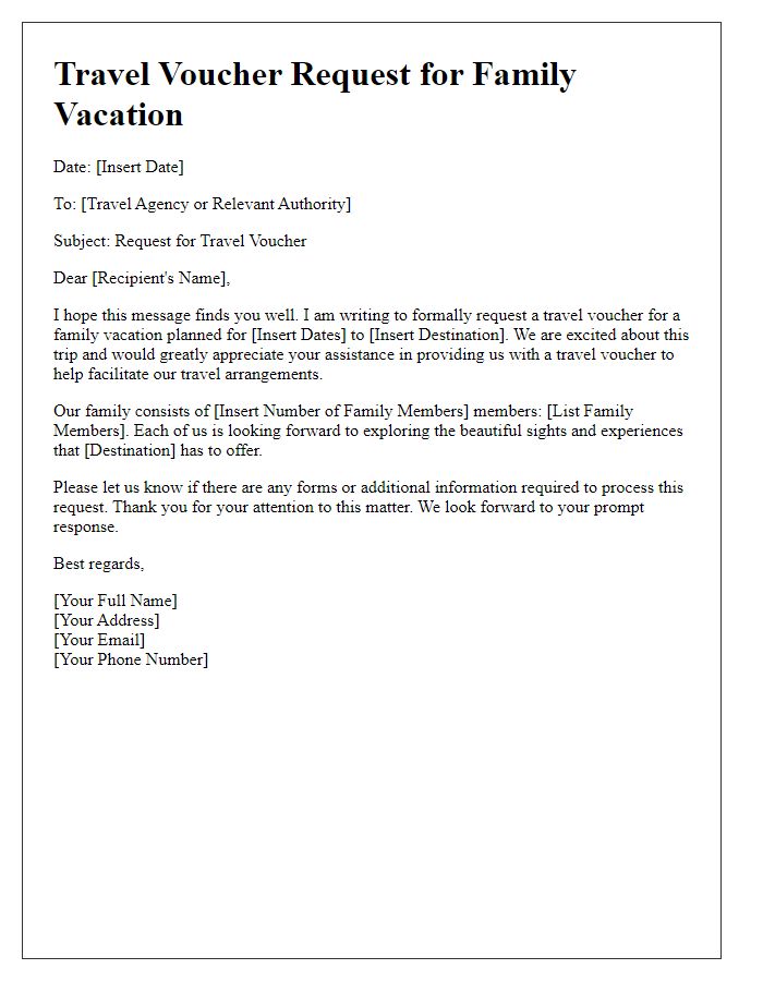 Letter template of travel voucher request for family vacation.