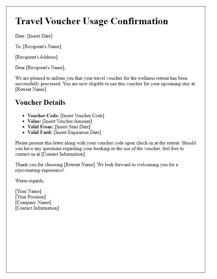 Letter template of travel voucher usage for wellness retreat.