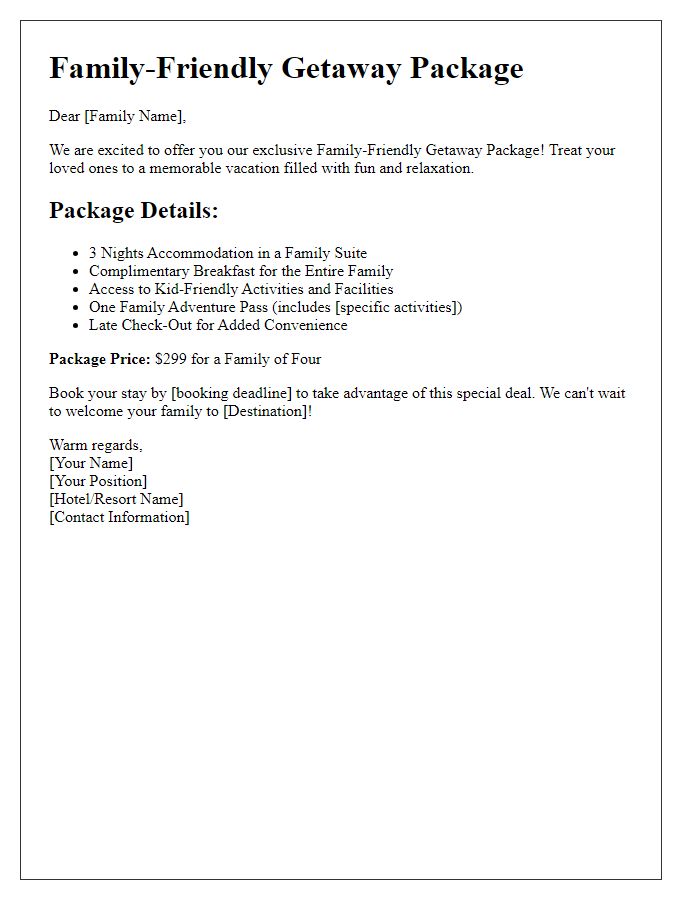 Letter template of a family-friendly getaway package