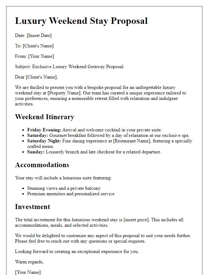 Letter template of a luxury weekend stay proposal