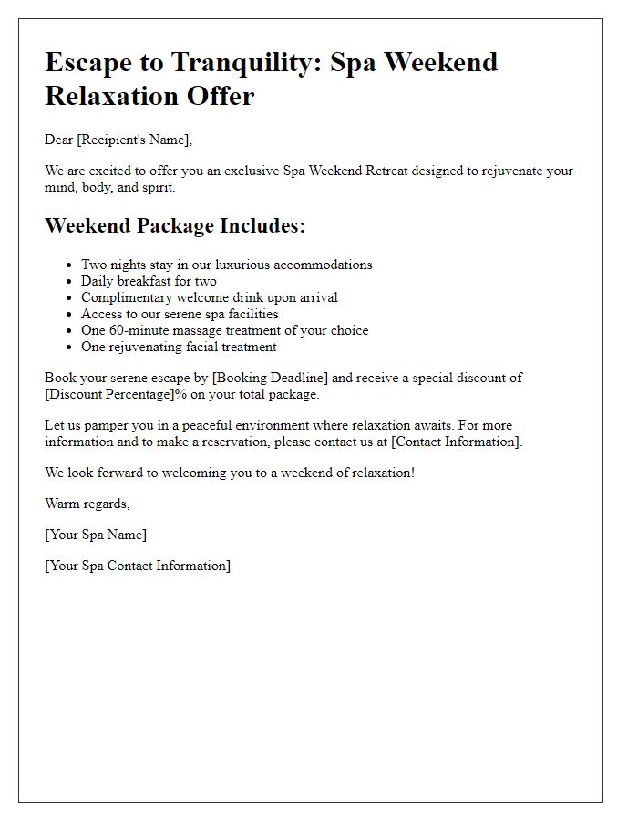 Letter template of a spa weekend relaxation offer