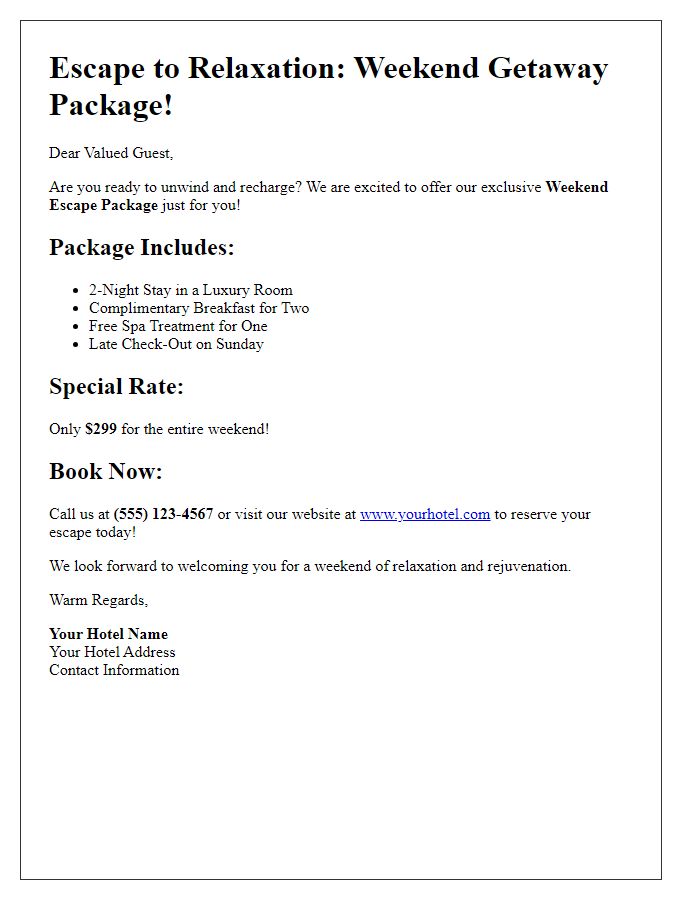 Letter template of a weekend escape package deal