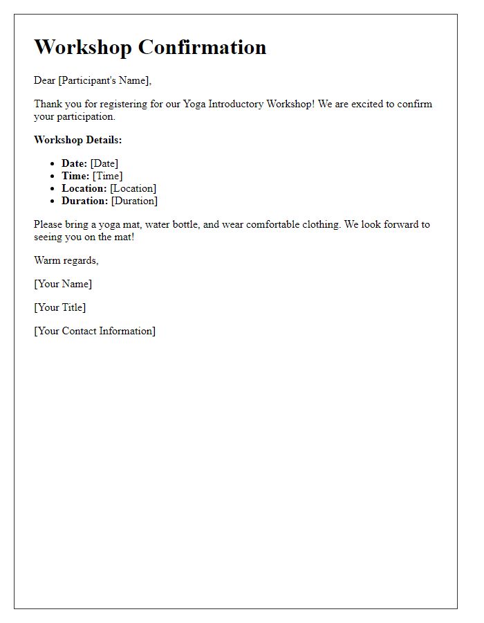 Letter template of confirmation for yoga introductory workshop