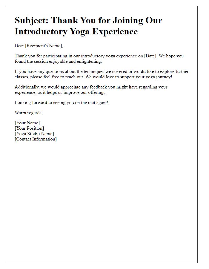 Letter template of follow-up for introductory yoga experience