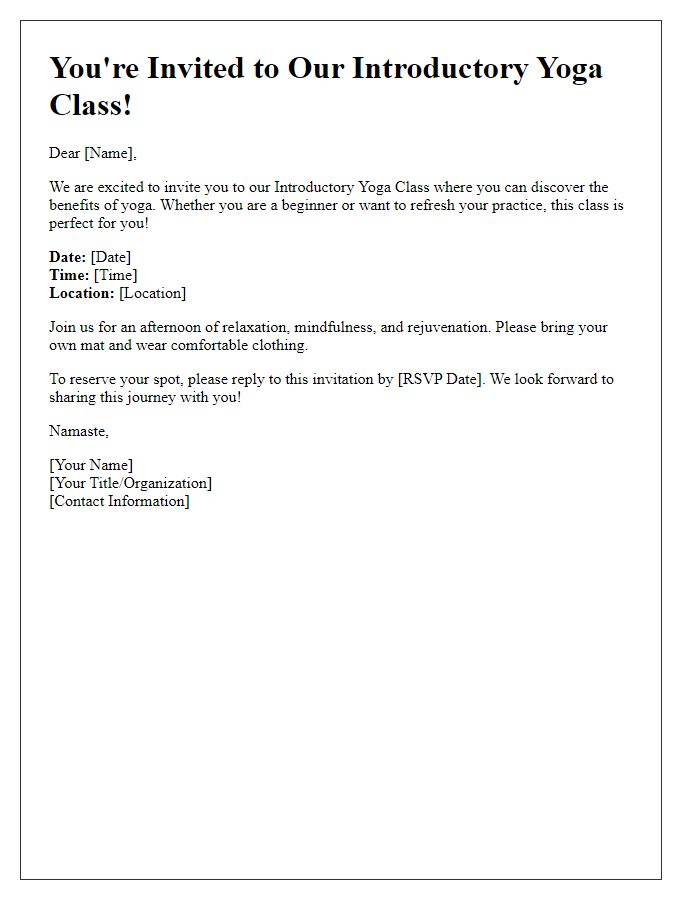 Letter template of invitation for introductory yoga class