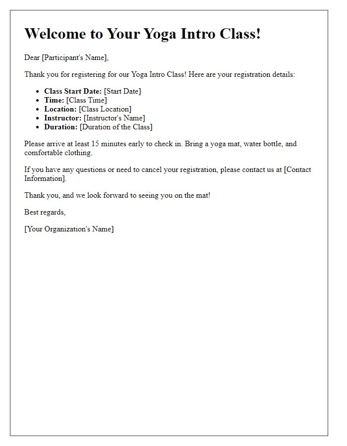 Letter template of registration details for yoga intro class