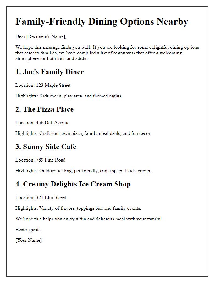 Letter template of family-friendly dining options nearby.