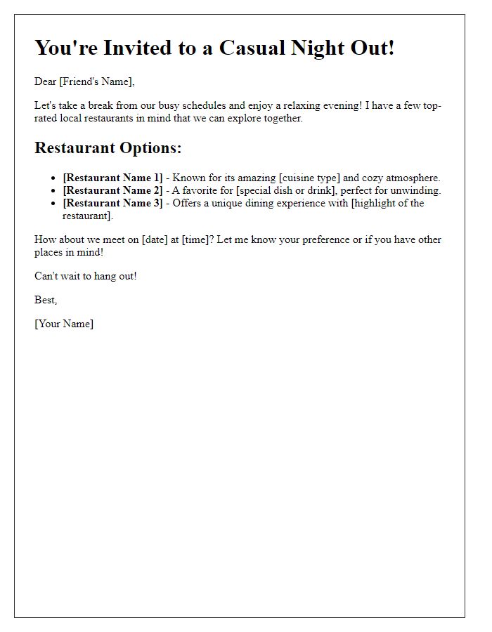 Letter template of top-rated local restaurants for a casual night out.