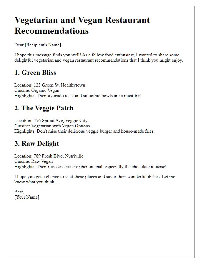 Letter template of vegetarian and vegan restaurant recommendations.