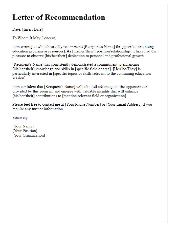 Letter template of recommendation for continuing education session resources.