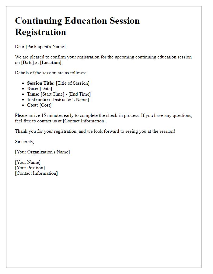 Letter template of registration for upcoming continuing education session.