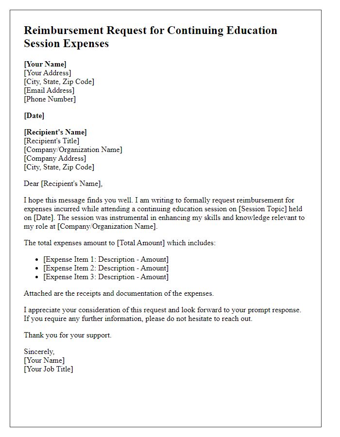 Letter template of reimbursement request for continuing education session expenses.