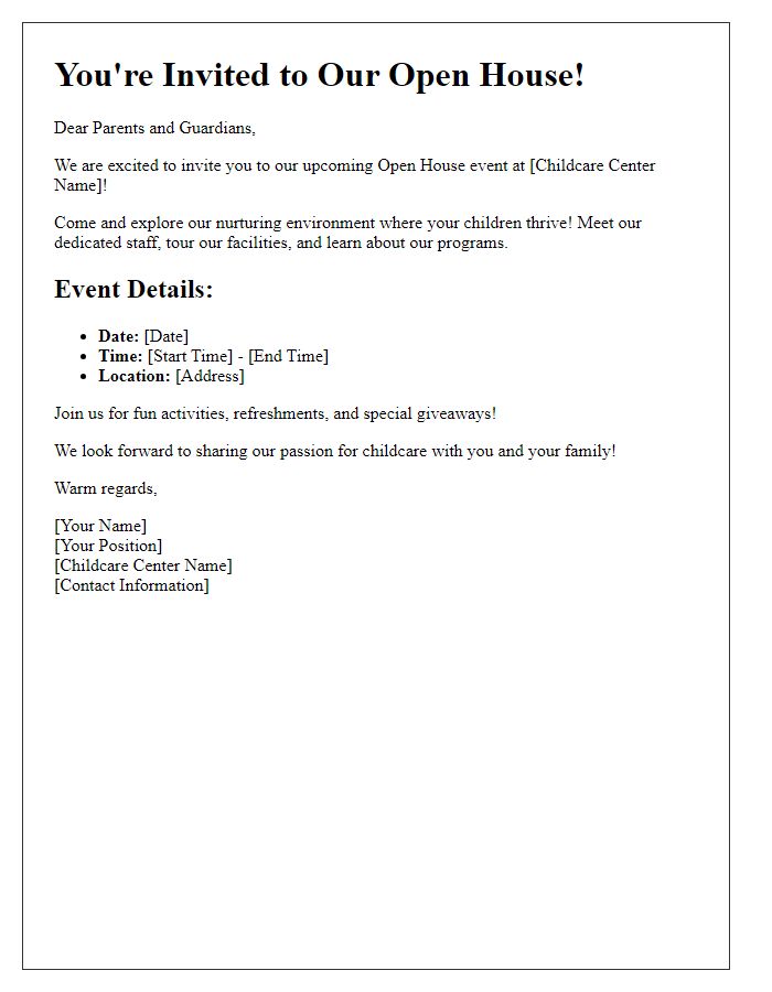 Letter template of childcare services invitation for open house events.