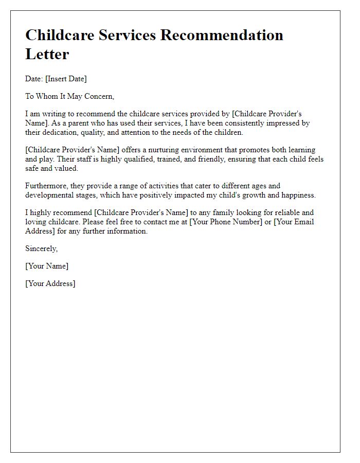 Letter template of childcare services recommendation for local resources.