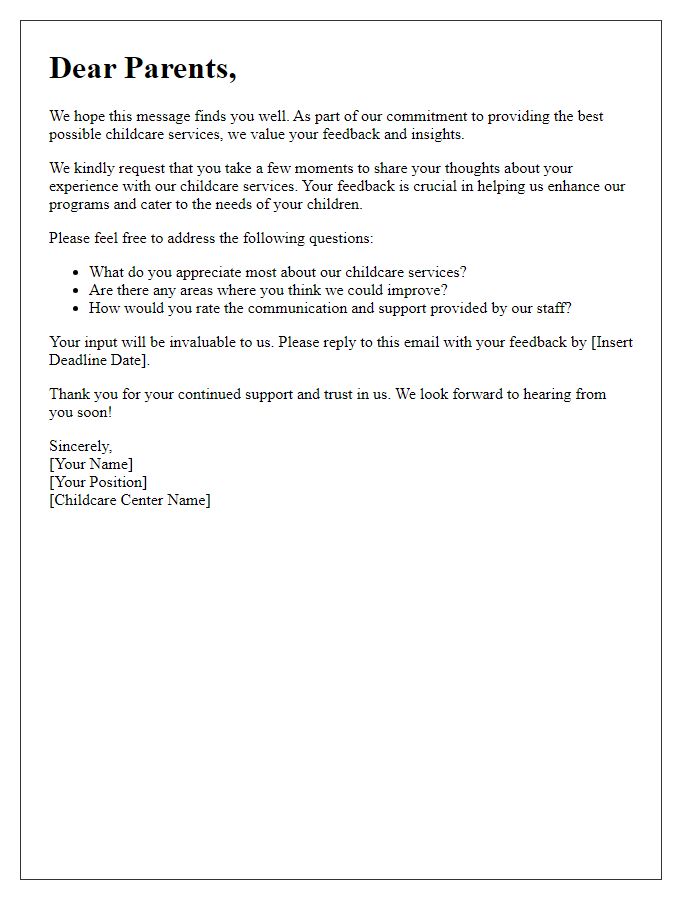 Letter template of childcare services request for feedback from parents.