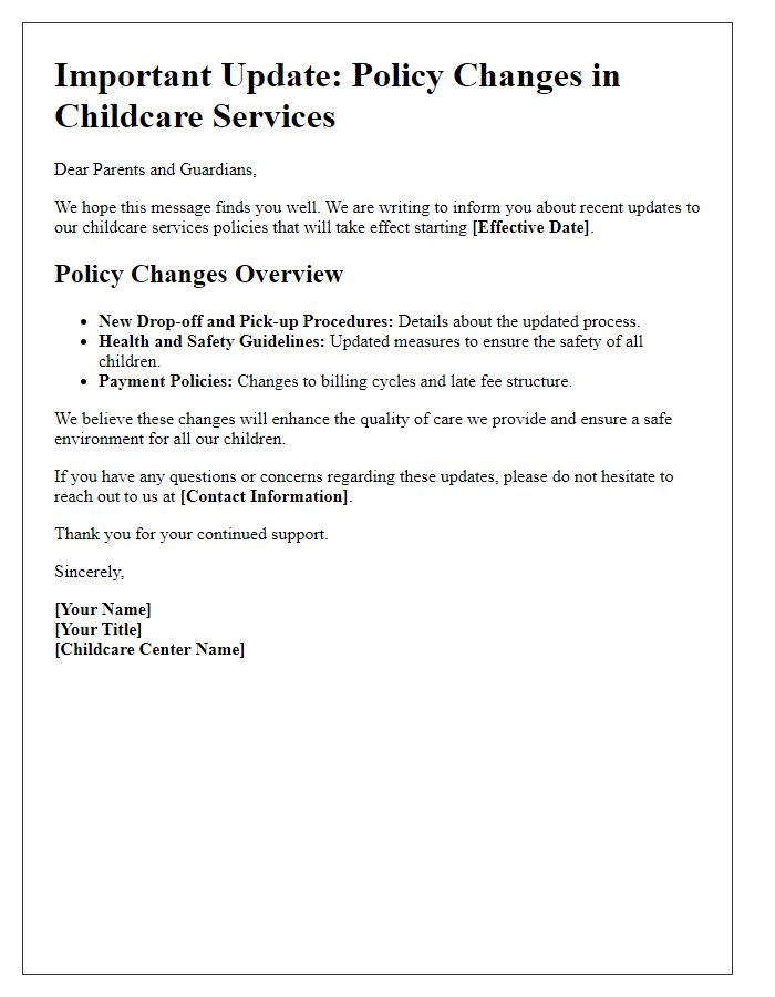 Letter template of childcare services update for policy changes.