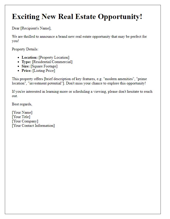 Letter template of brand new real estate opportunity notice