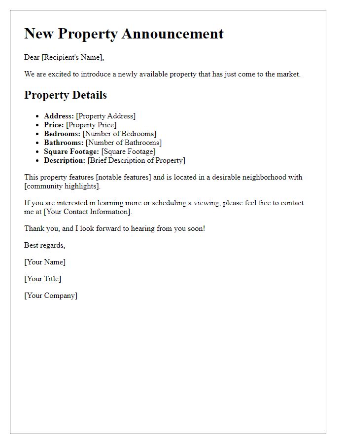 Letter template of newly available property introduction