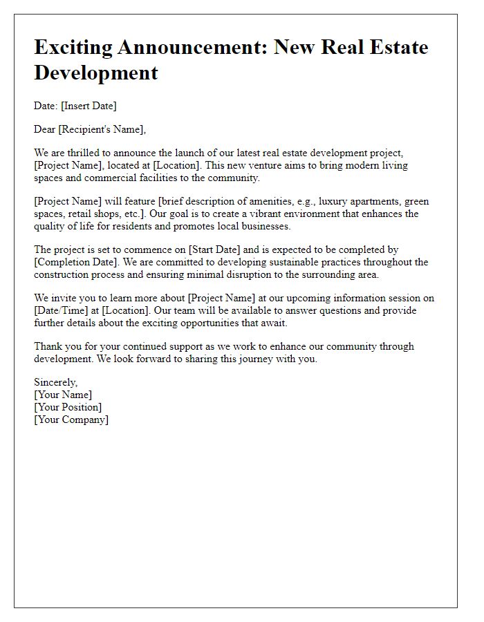 Letter template of recent real estate development announcement