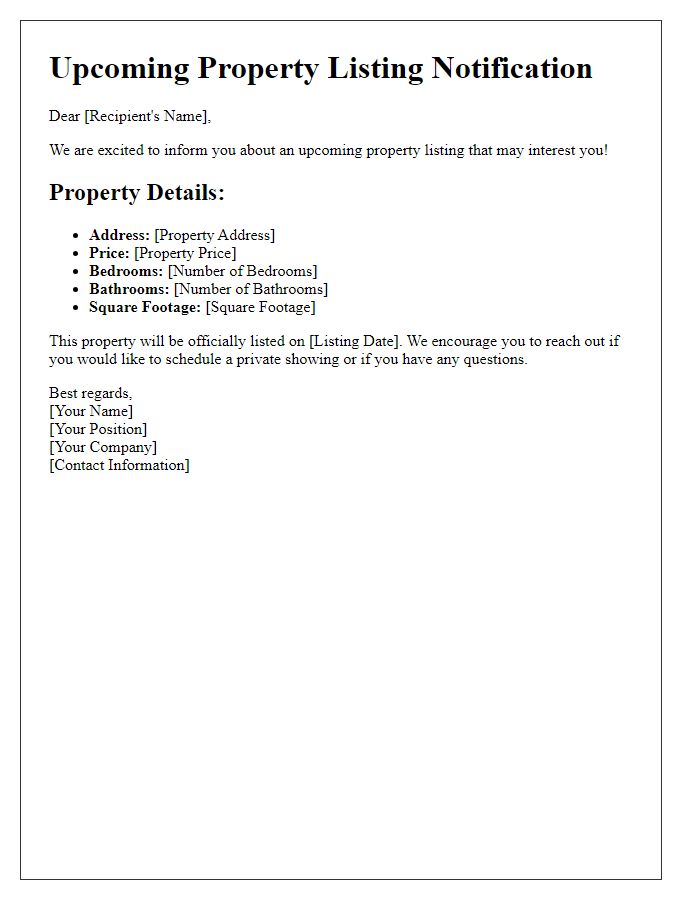 Letter template of upcoming property listing notification