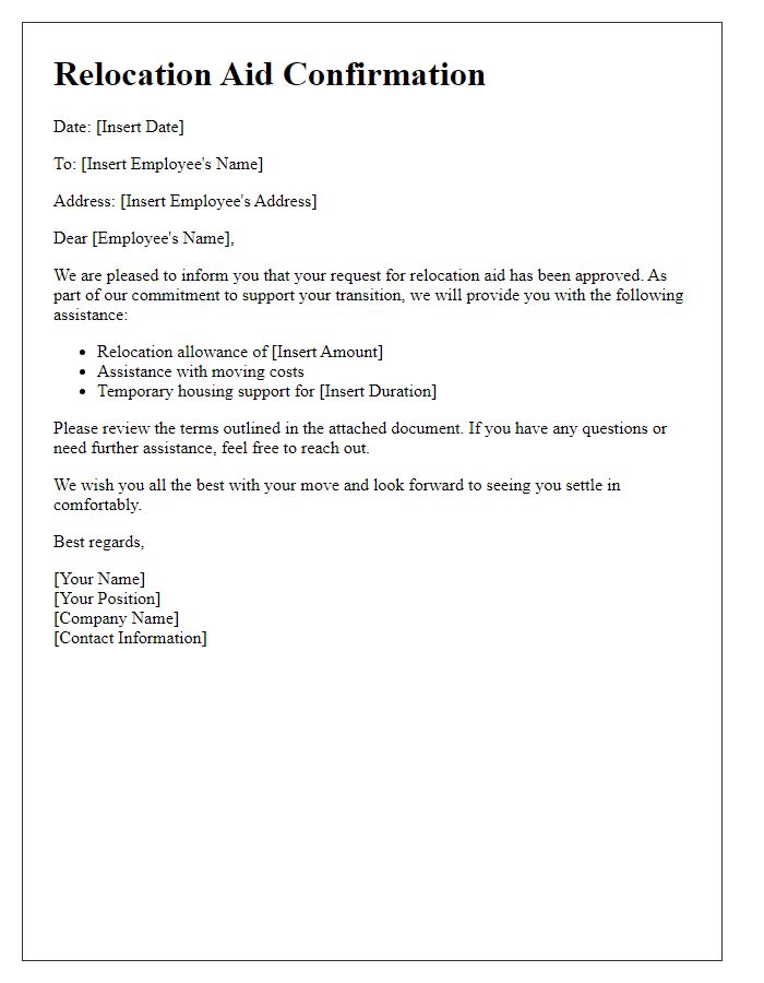 Letter template of relocation aid confirmation