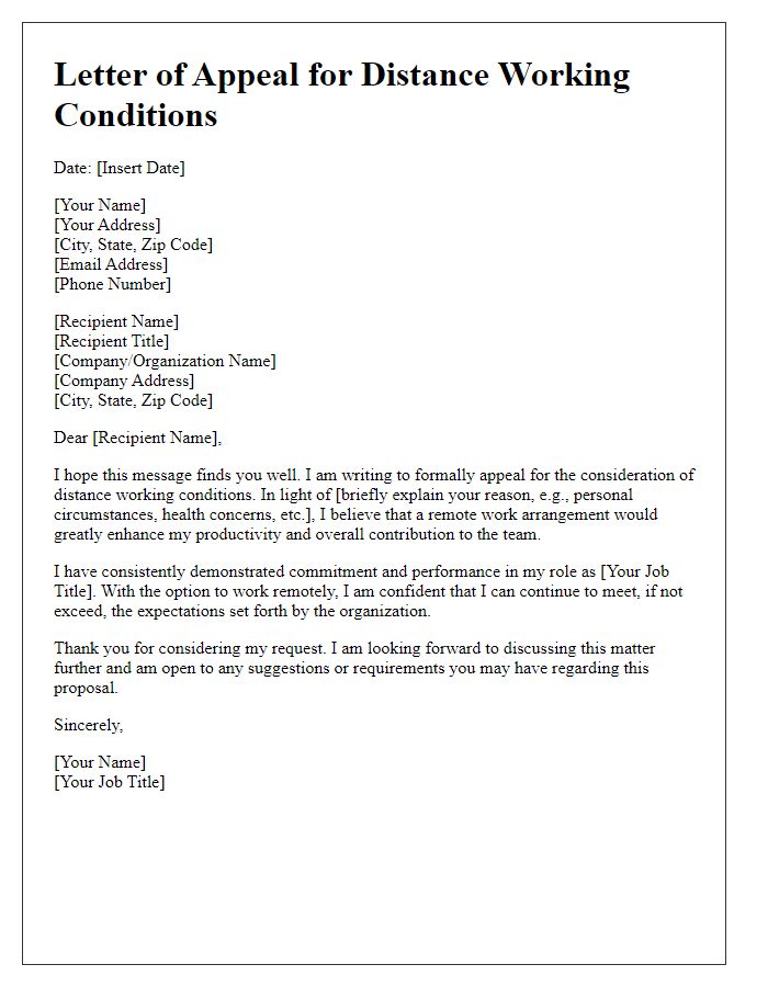 Letter template of appeal for distance working conditions