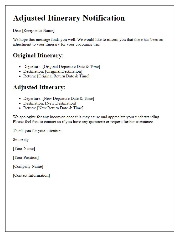 Letter template of adjusted itinerary notification