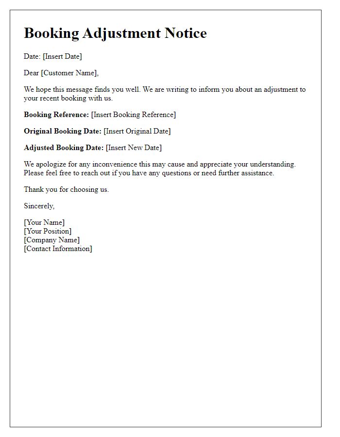 Letter template of booking adjustment notice