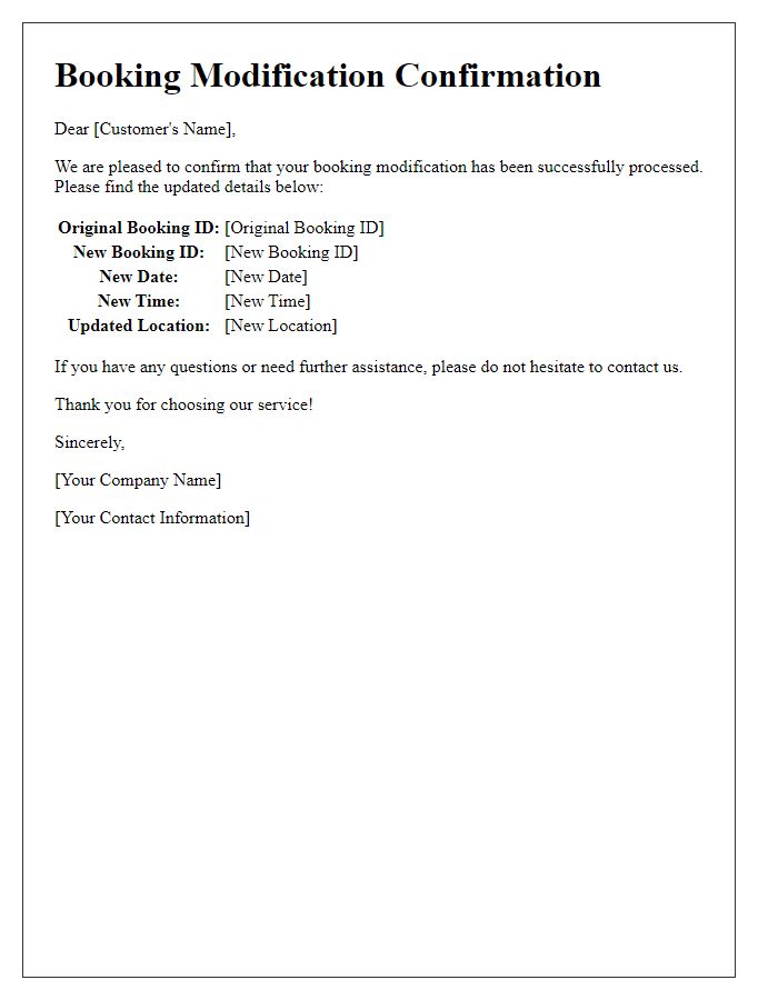 Letter template of booking modification confirmation