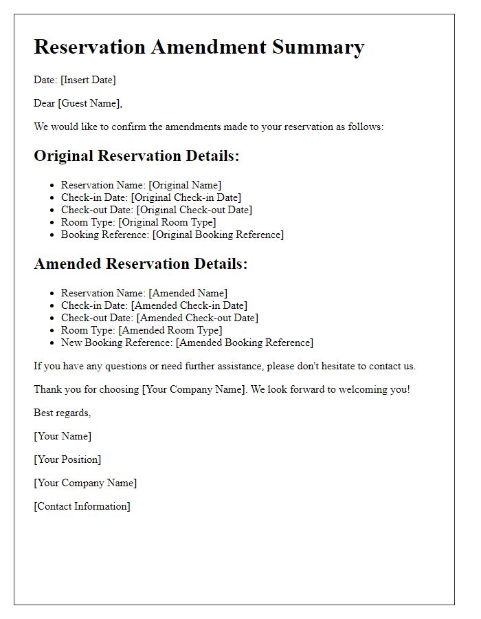 Letter template of reservation amendment summary