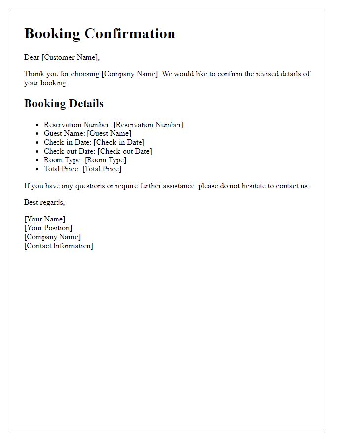 Letter template of revised booking confirmation