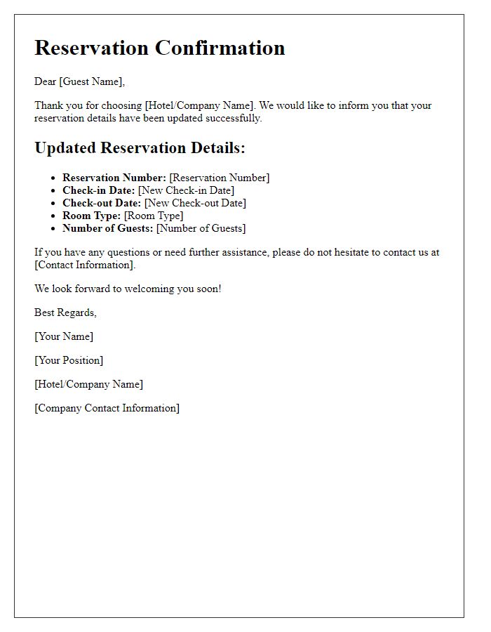 Letter template of updated reservation details