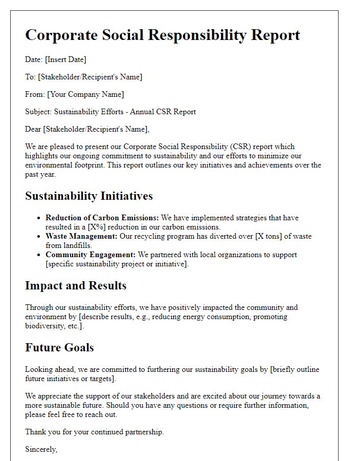 Letter template of corporate social responsibility report on sustainability efforts.