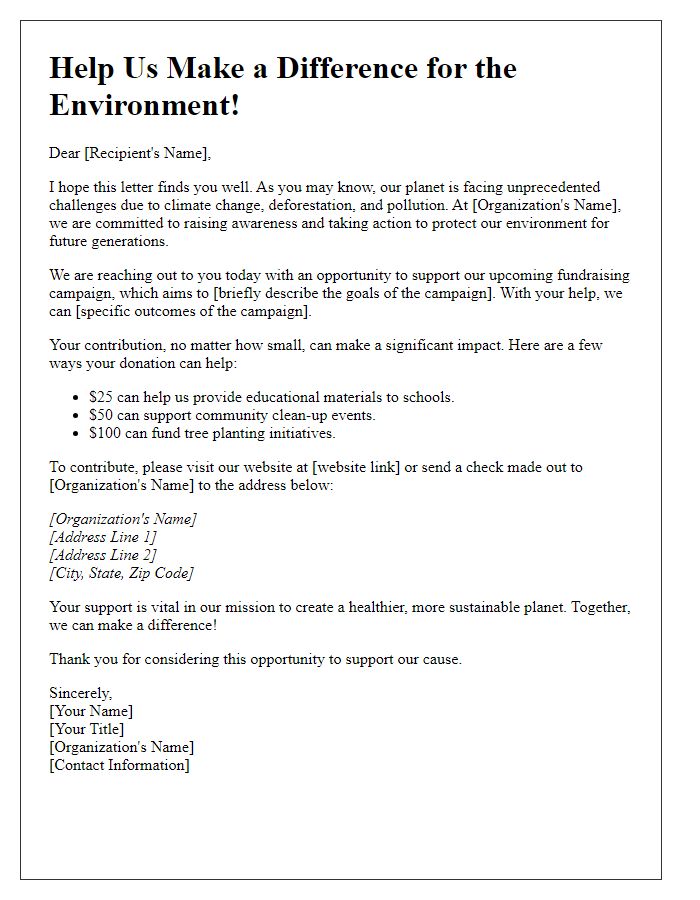 Letter template of fundraising for environmental awareness.