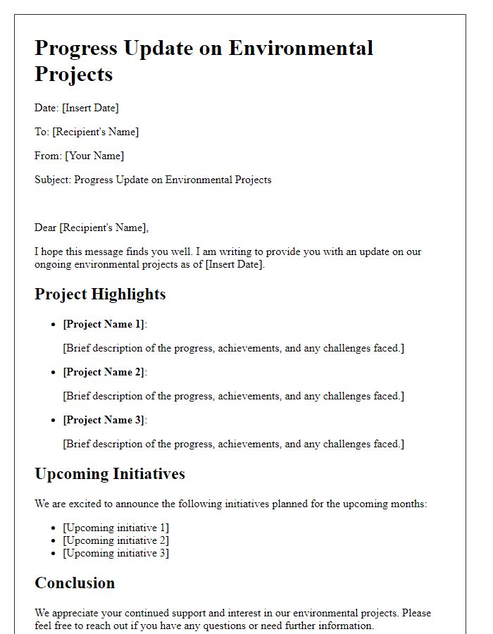 Letter template of progress update on environmental projects.