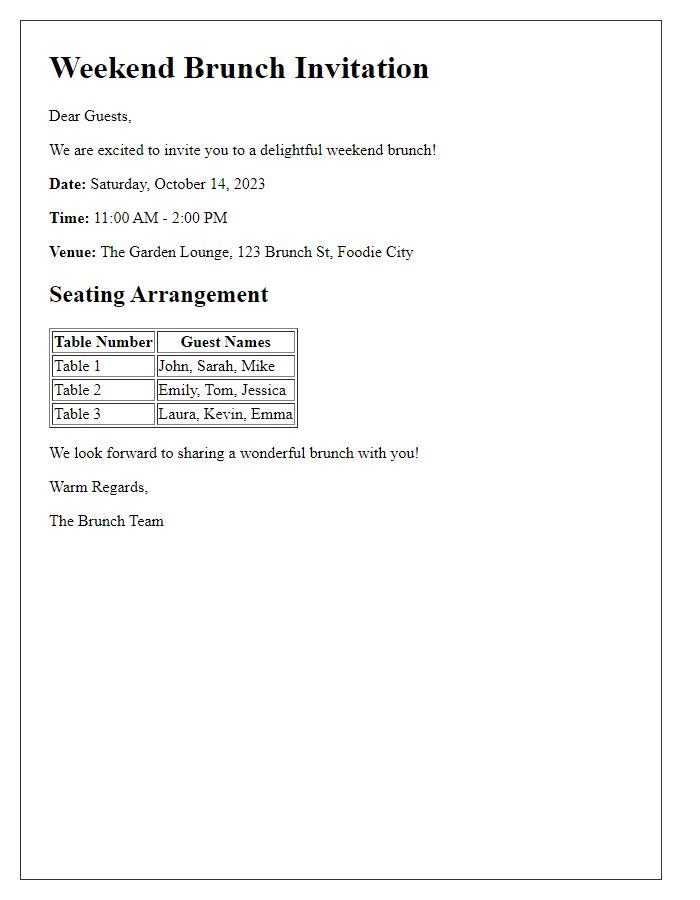 Letter template of weekend brunch seating arrangement