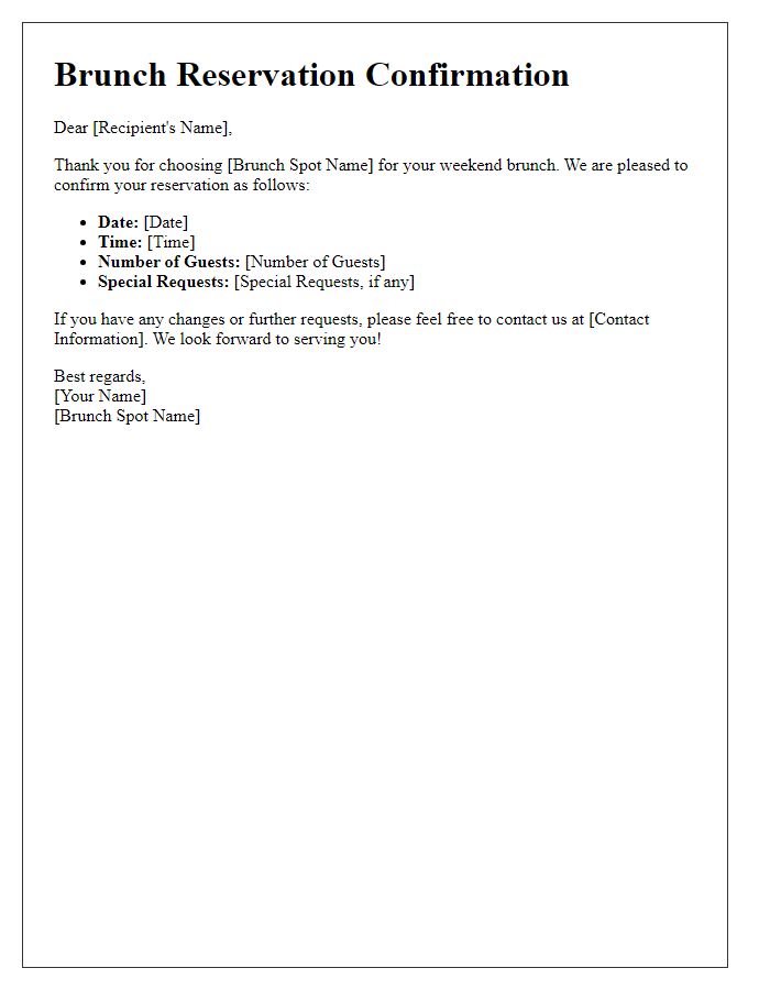 Letter template of weekend brunch spot reservation