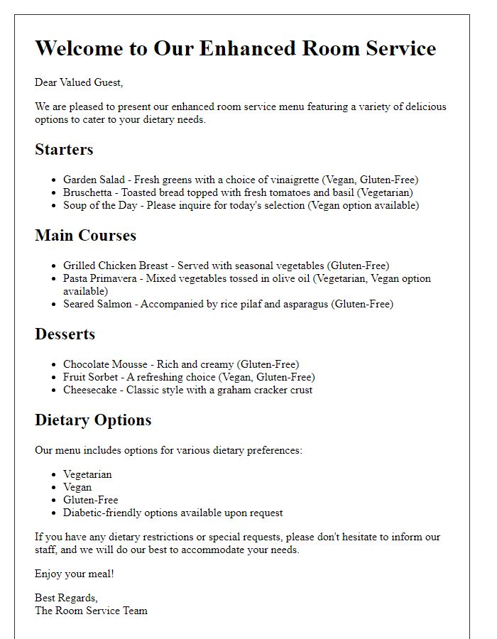 Letter template of enhanced room service menu with dietary options.