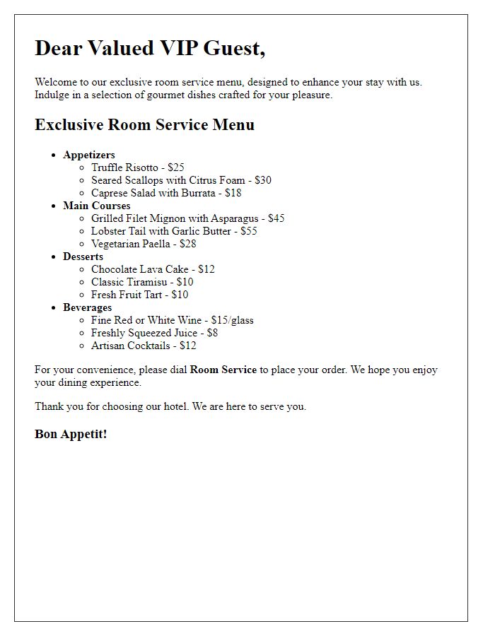 Letter template of exclusive room service menu for VIP guests.