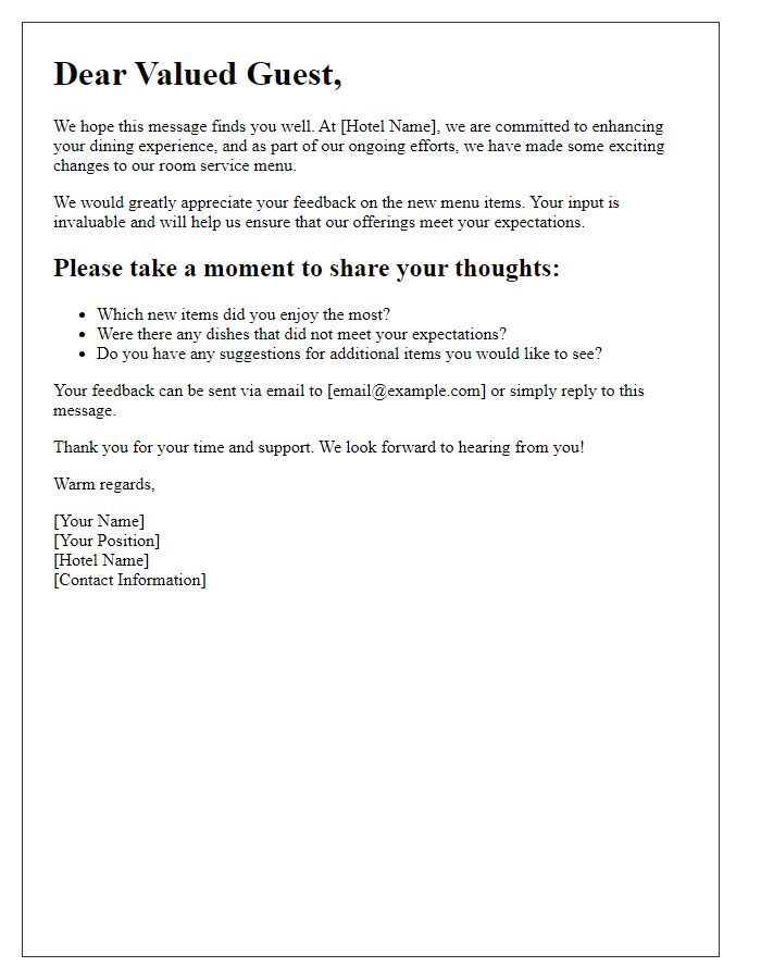 Letter template of feedback request on room service menu changes.