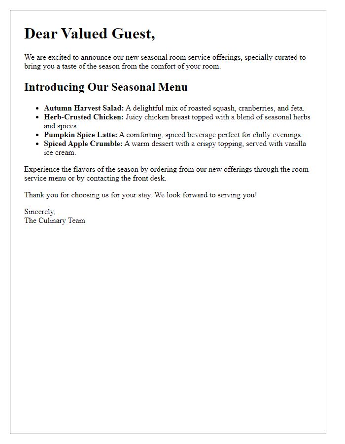 Letter template of new seasonal room service offerings.