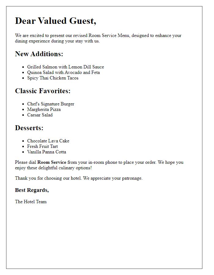 Letter template of revised room service menu for hotel guests.