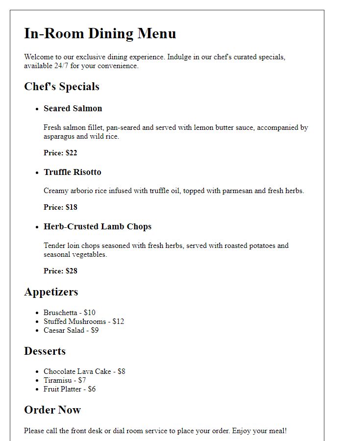 Letter template of room service menu with curated chef's specials.