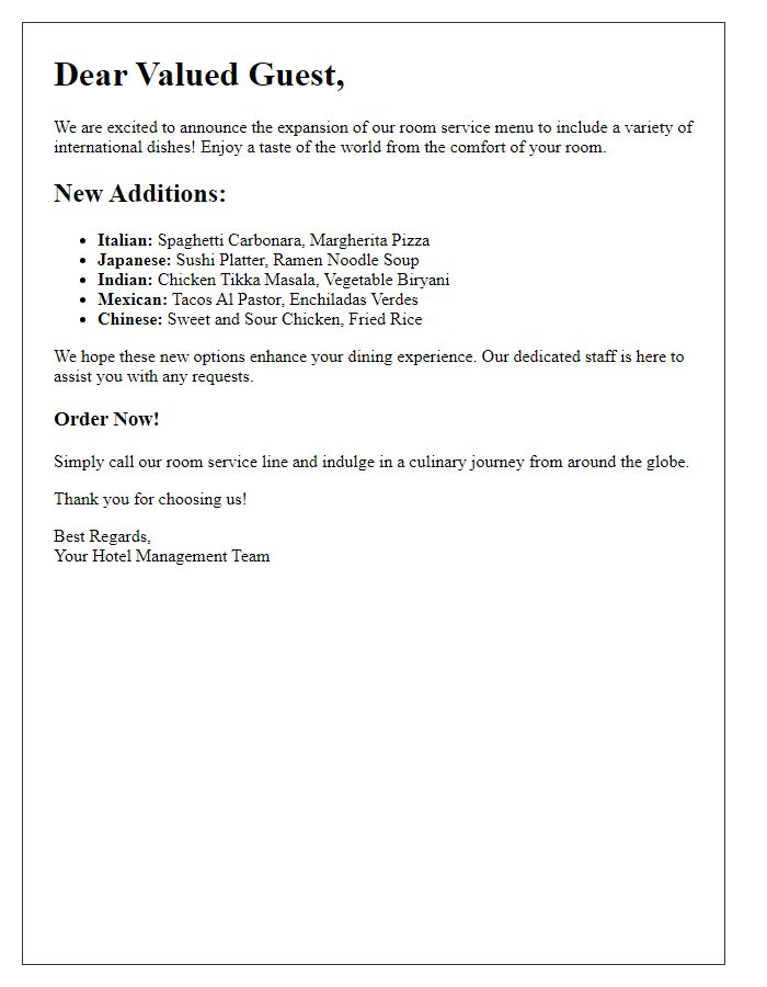 Letter template of room service menu expansion with international dishes.