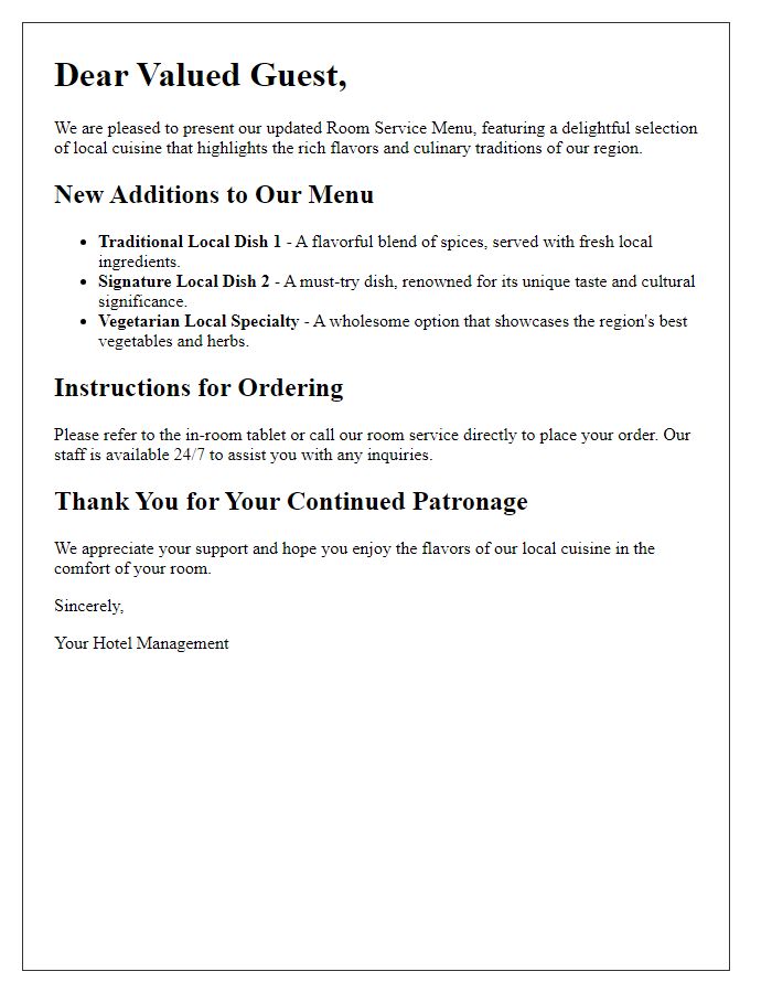 Letter template of updated room service menu with local cuisine.