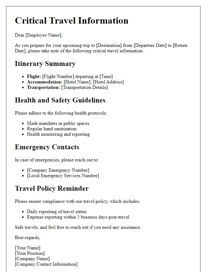 Letter template of critical travel information for corporate travel.