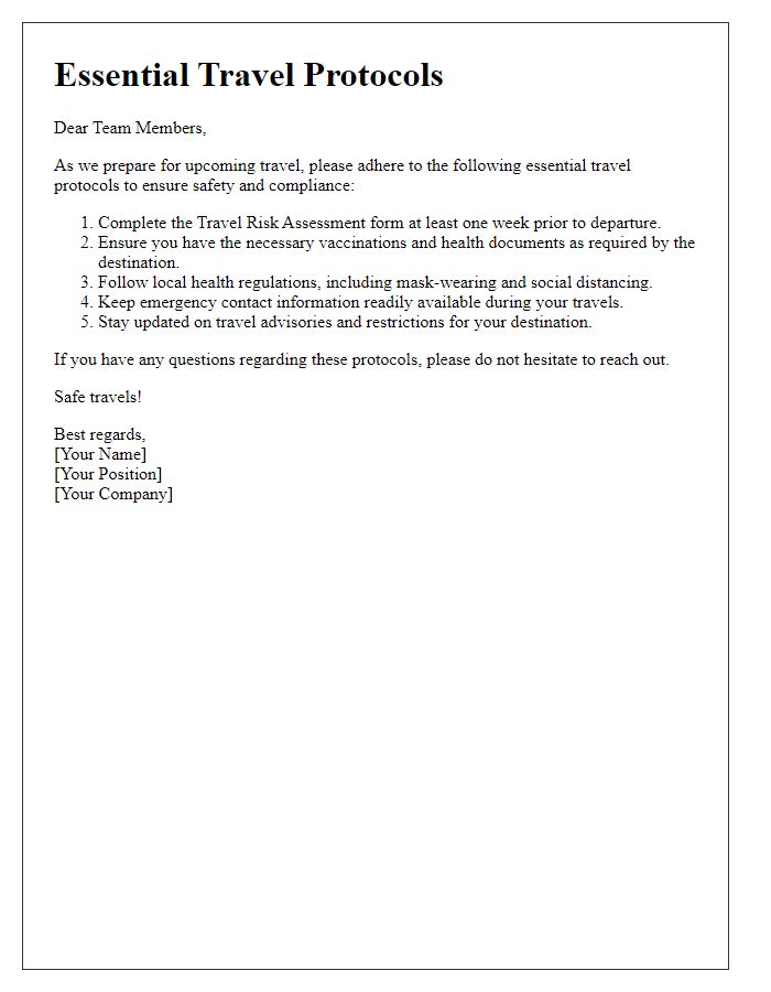 Letter template of essential travel protocols for team members.