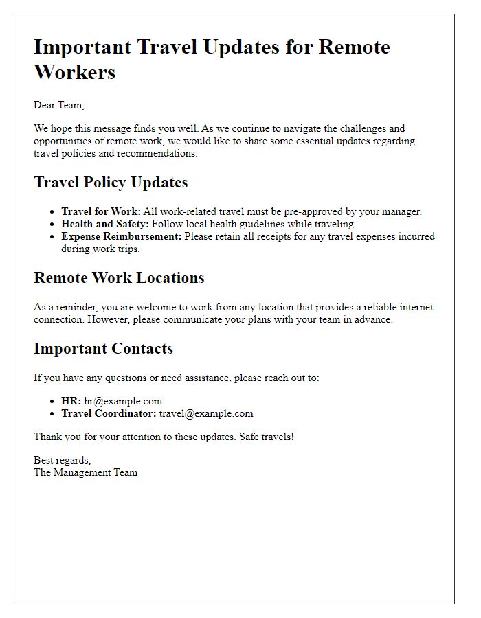 Letter template of essential travel updates for remote workers.