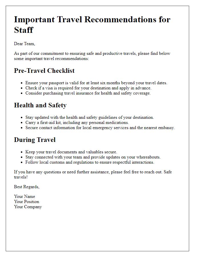 Letter template of important travel recommendations for staff.