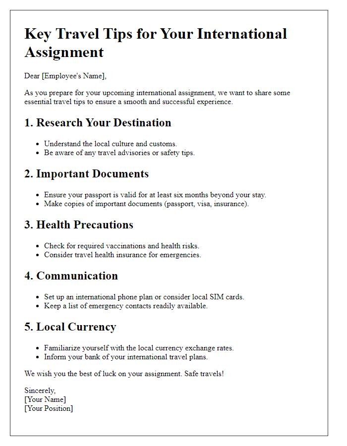 Letter template of key travel tips for international assignments.